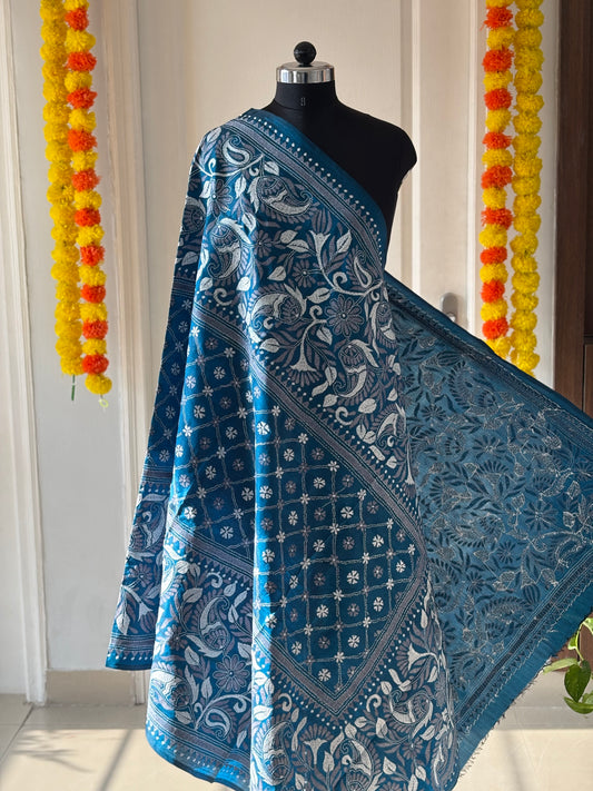 Kantha Hand Embroidary Full Work Pure Banglore Silk Dupatta. (With Silk Mark)