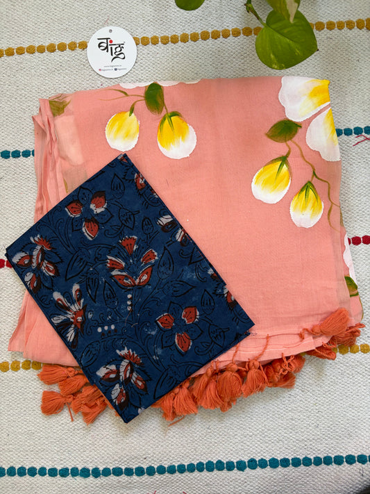 Hand Painted Mul Cotton Saree with Hand Block Printed Blouse | light Peach
