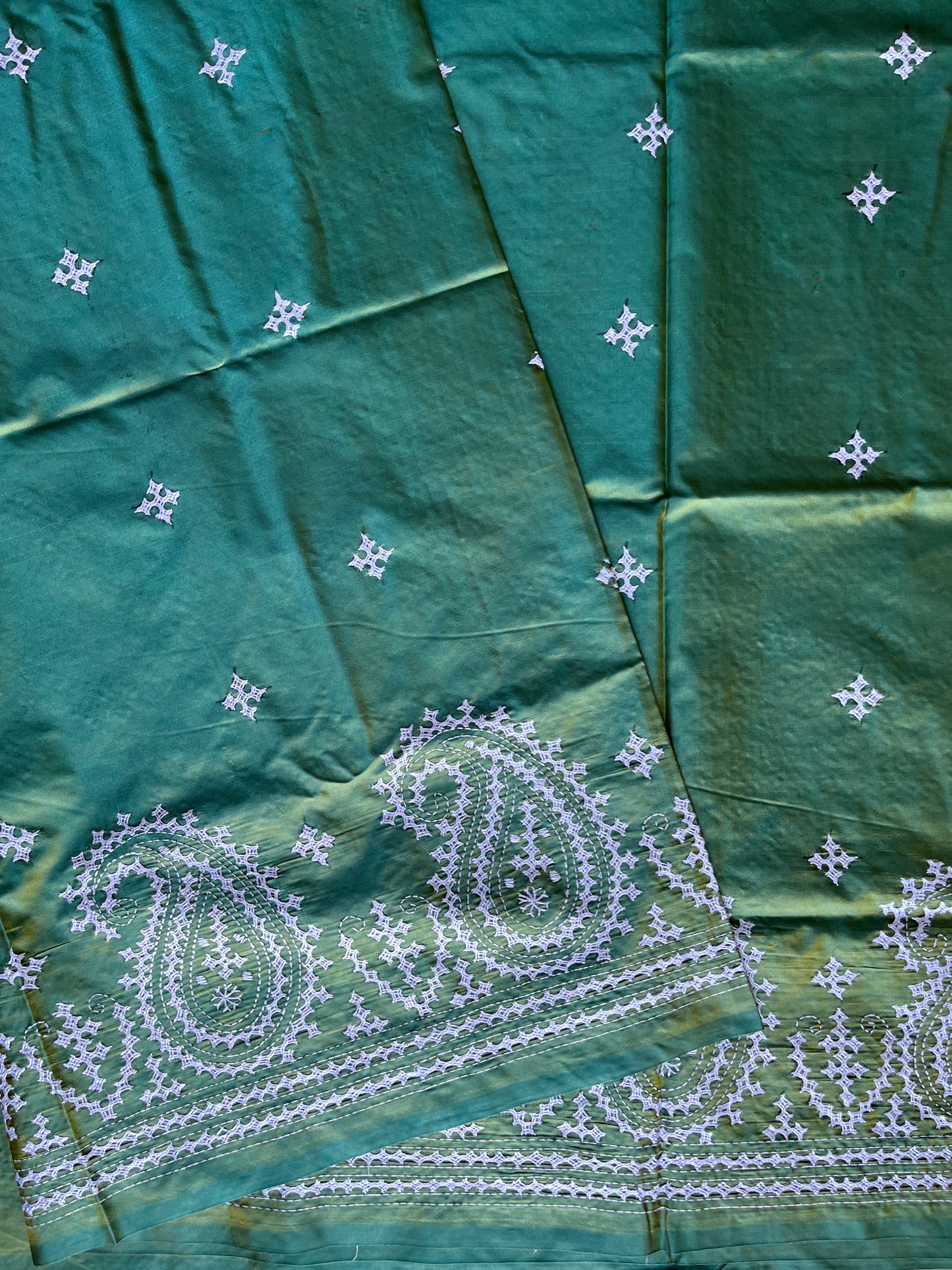 Green Gujrati Stitch/Kutch Hand Embroidered Art Silk Saree