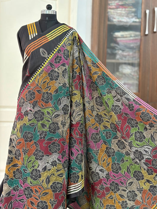 Kantha Stitch Hand Work Embroidered Art Silk Saree With Blouse