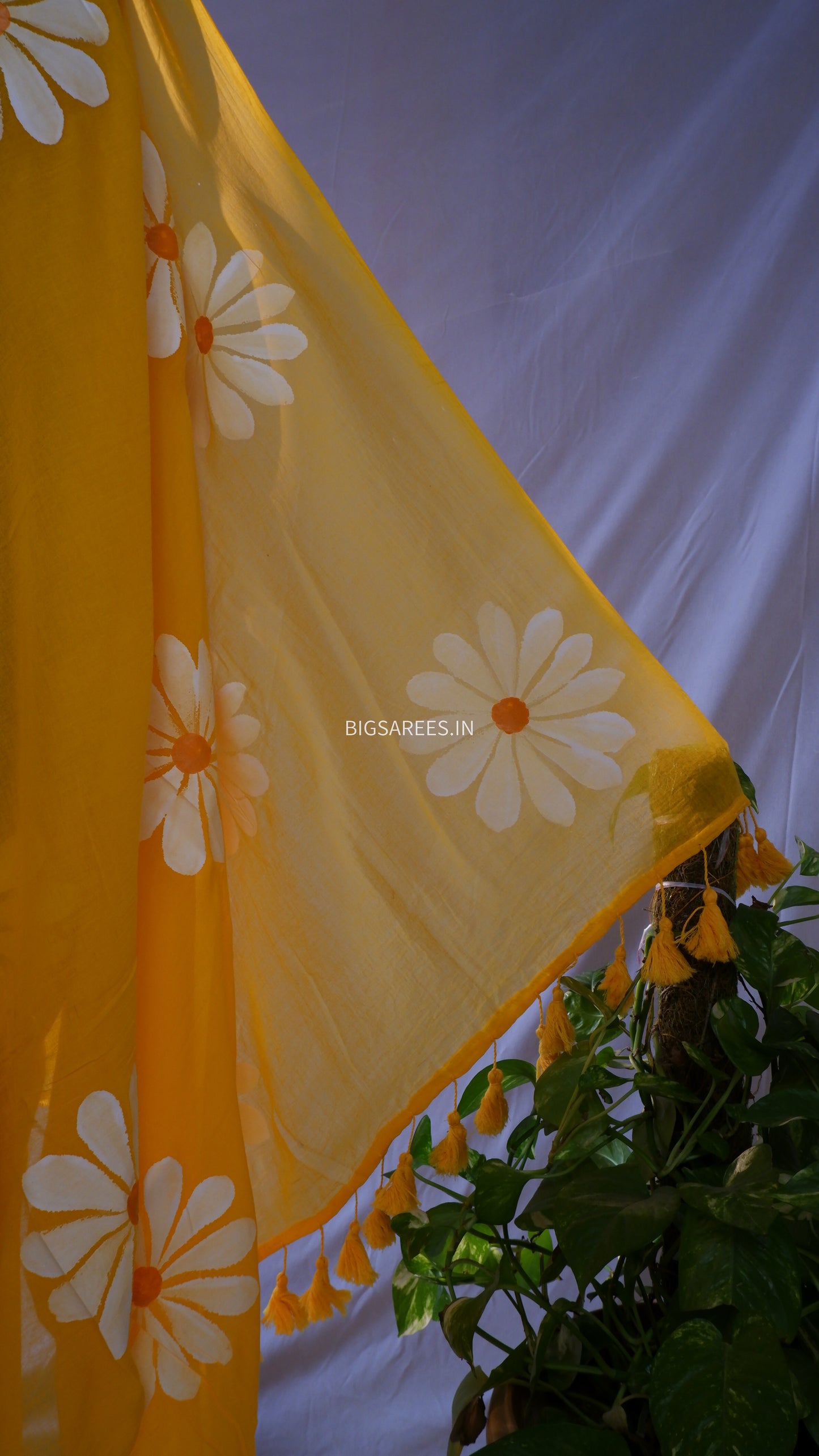 Hand Painted Mul Cotton Saree with Blouse | Yellow