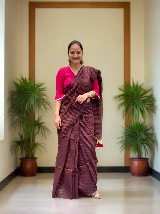 Mul Cotton All Over Stripe Saree With Blouse Piece – Maroon