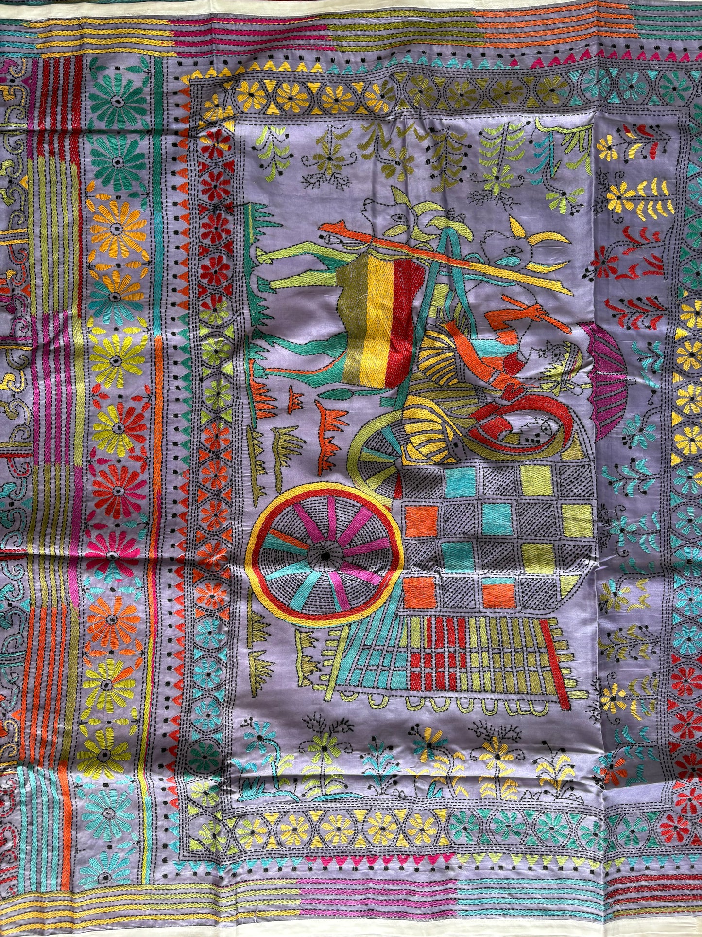 Hand work Kantha stitch Saree in Artificial silk