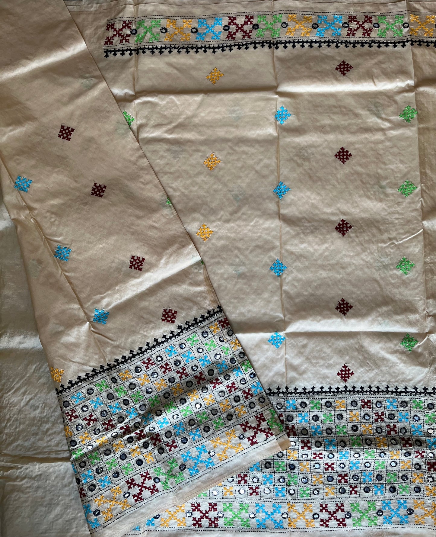 Gujrati/Kutchi Work Hand Embroidered Tusshar Silk Saree