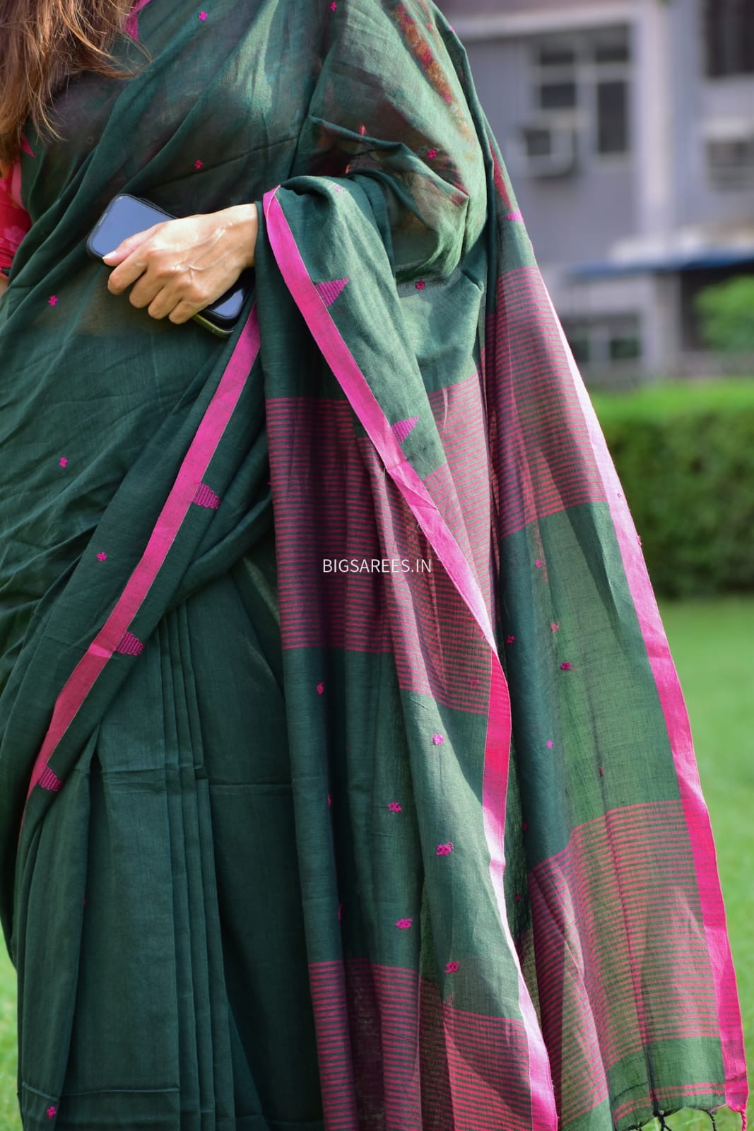 Hand woven Pure Cotton Saree (Handloom Marked) - Green