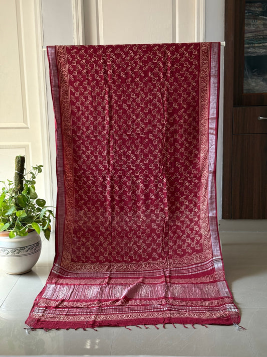 Block printed Cotton Linen Saree With unstitched Blouse