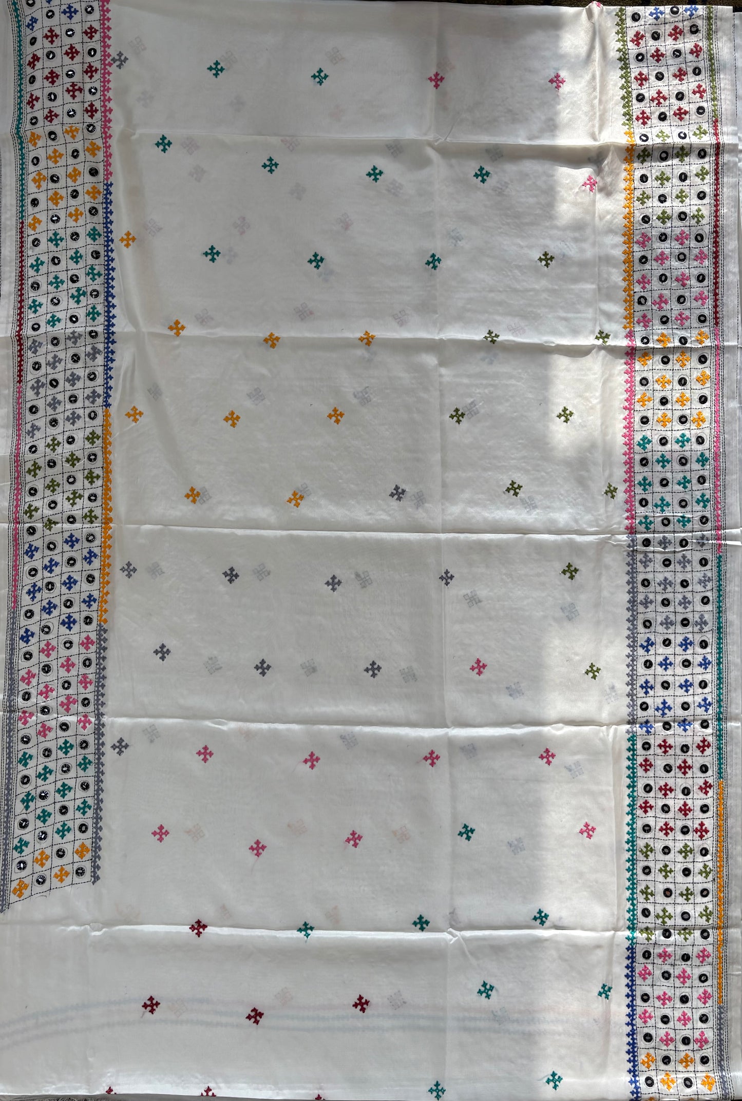Gujrati Stitch/Kutch Hand Embroidered Art Silk Saree