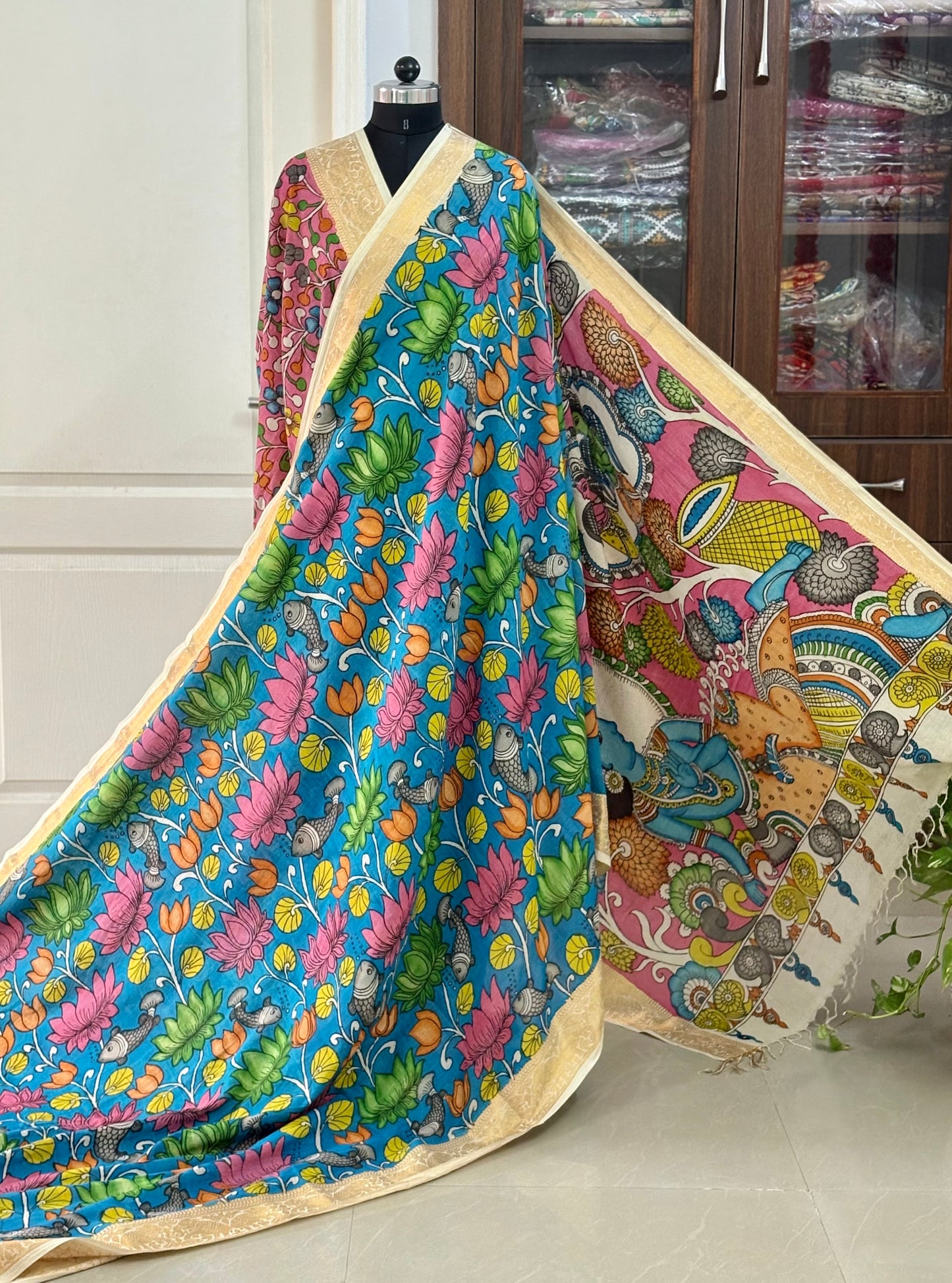 Pen Kalamkari hand painted pure cotton Saree with blouse