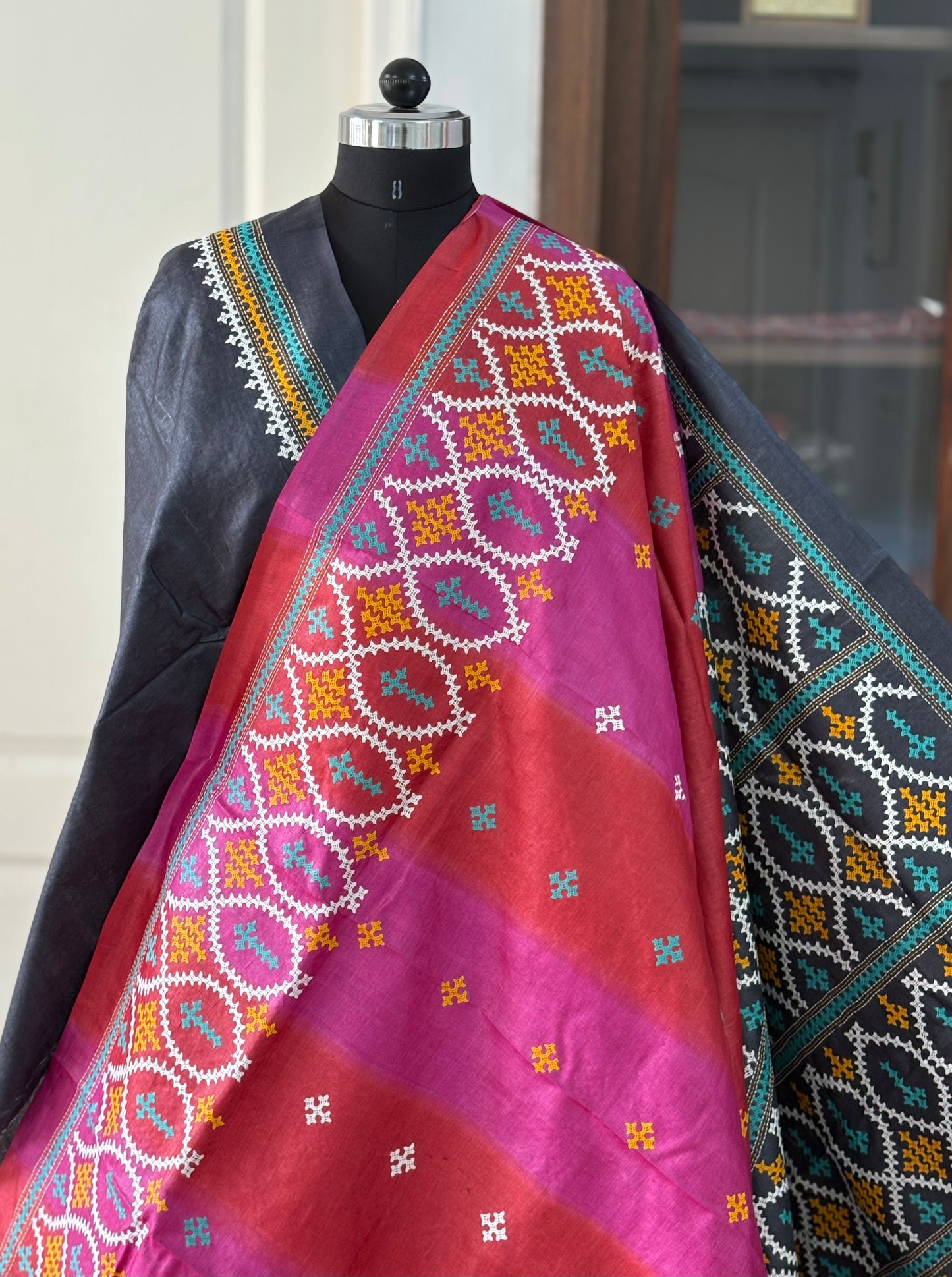 Kutch work/Gujrati stitch Hand Embroidered Pure Tassar Silk Saree