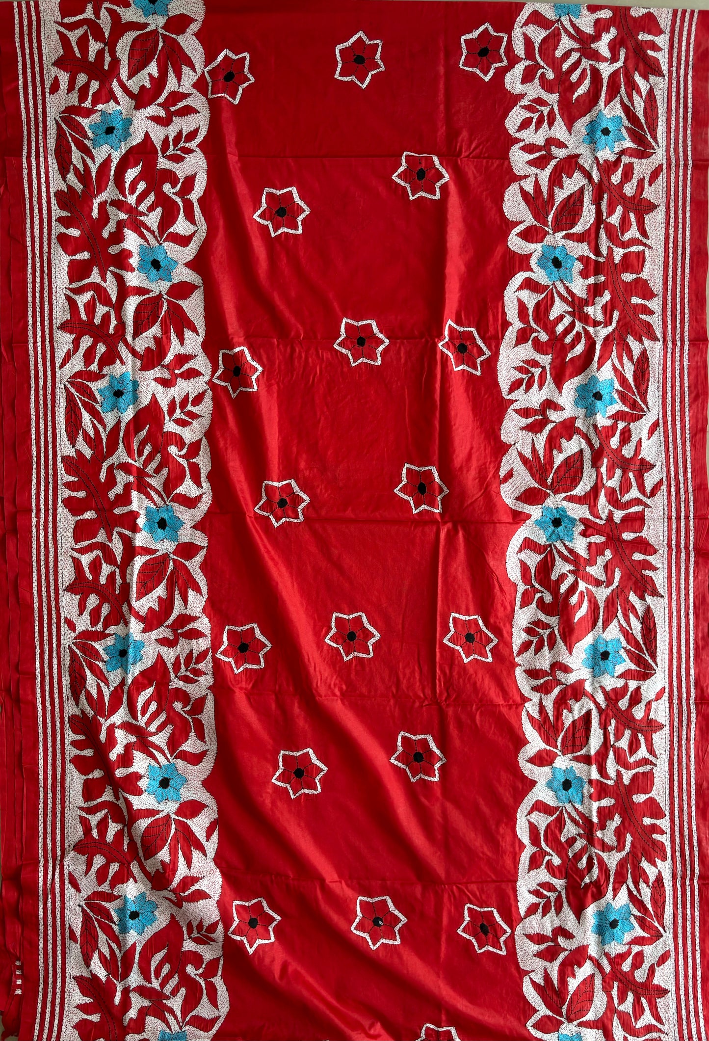 Red Kantha Hand Work Embroidered Art Silk Saree With Blouse