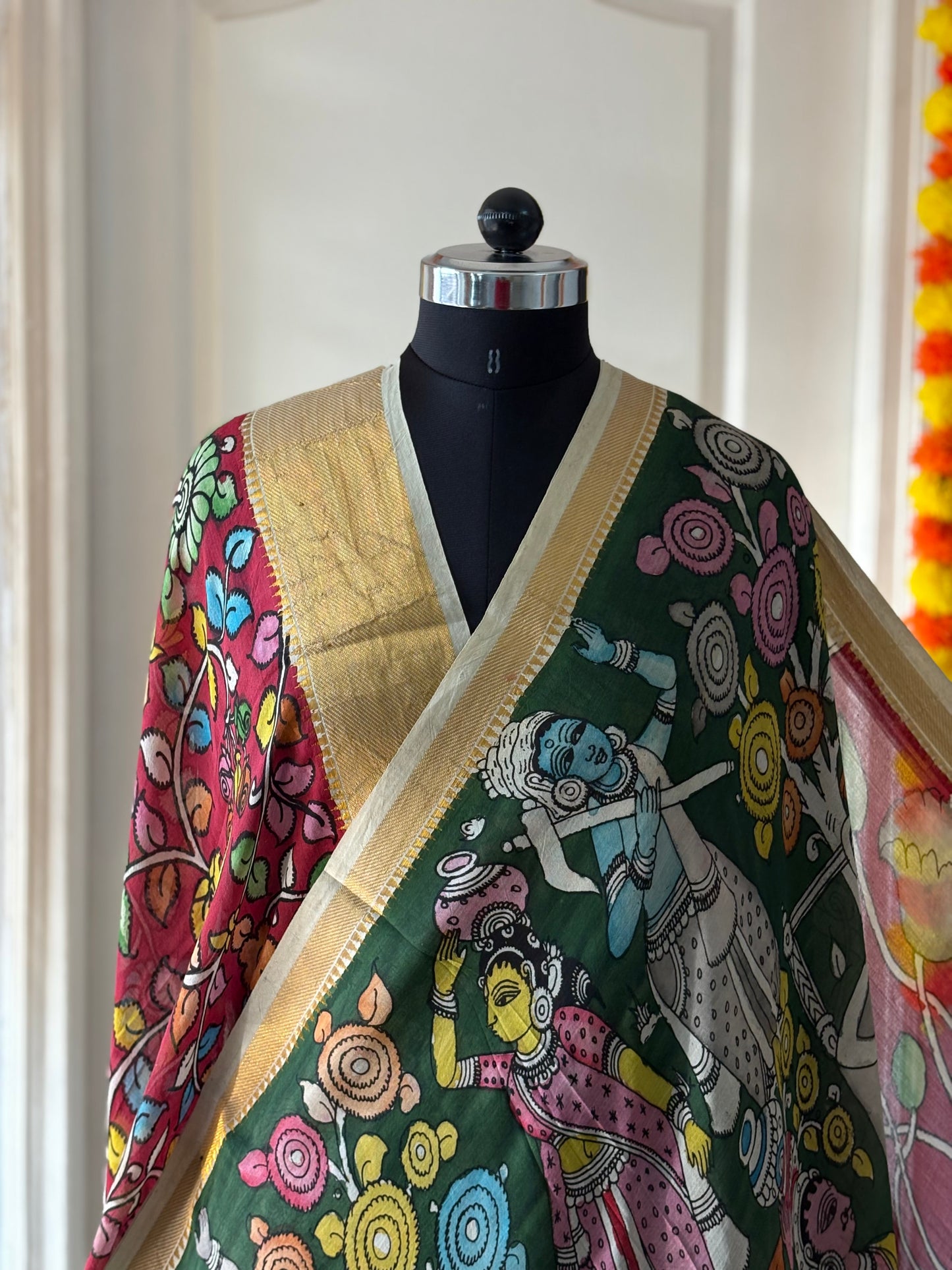 Pen Kalamkari hand painted Banglore Silk Saree with blouse