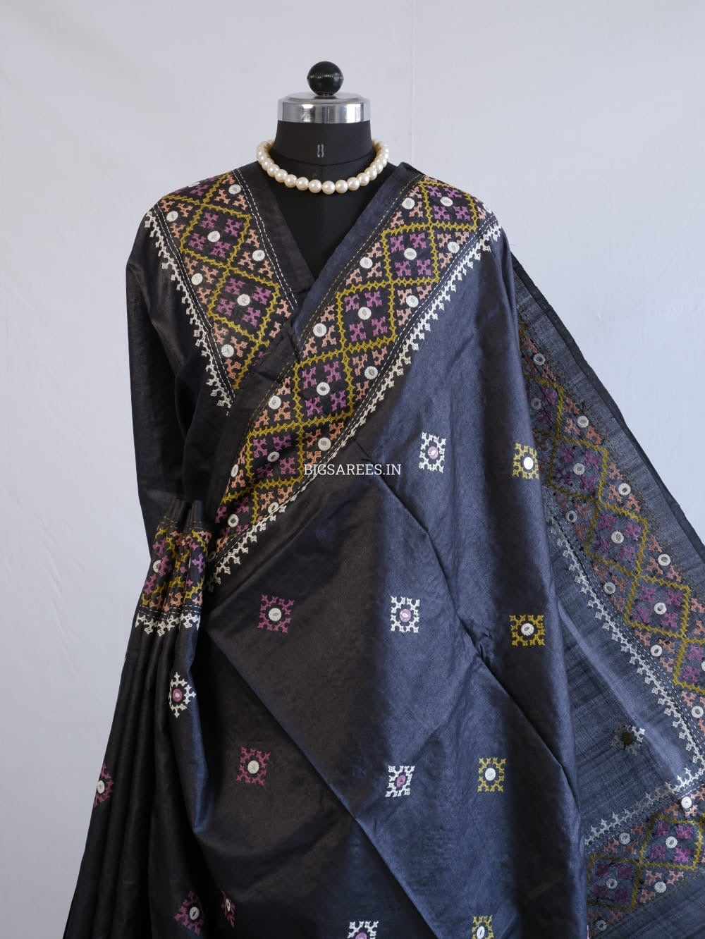 Kutchi Hand Embroidered Saree | Tassar Silk | Silk Marked | Black