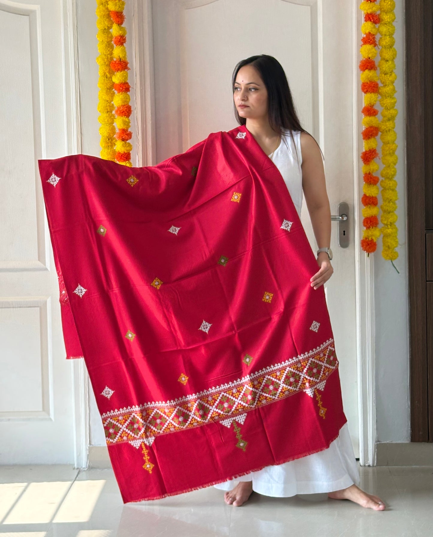 Gujrati Stitch Hand Embroidered Woollen Warm Shawl