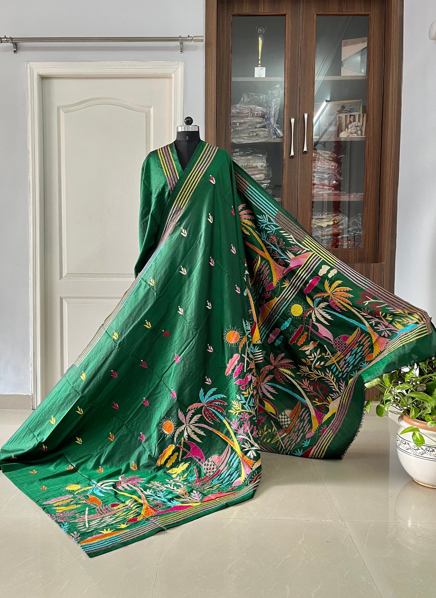 Kantha Stitch Hand Embroidered Pure Banglore Silk Saree (Silk Marked)