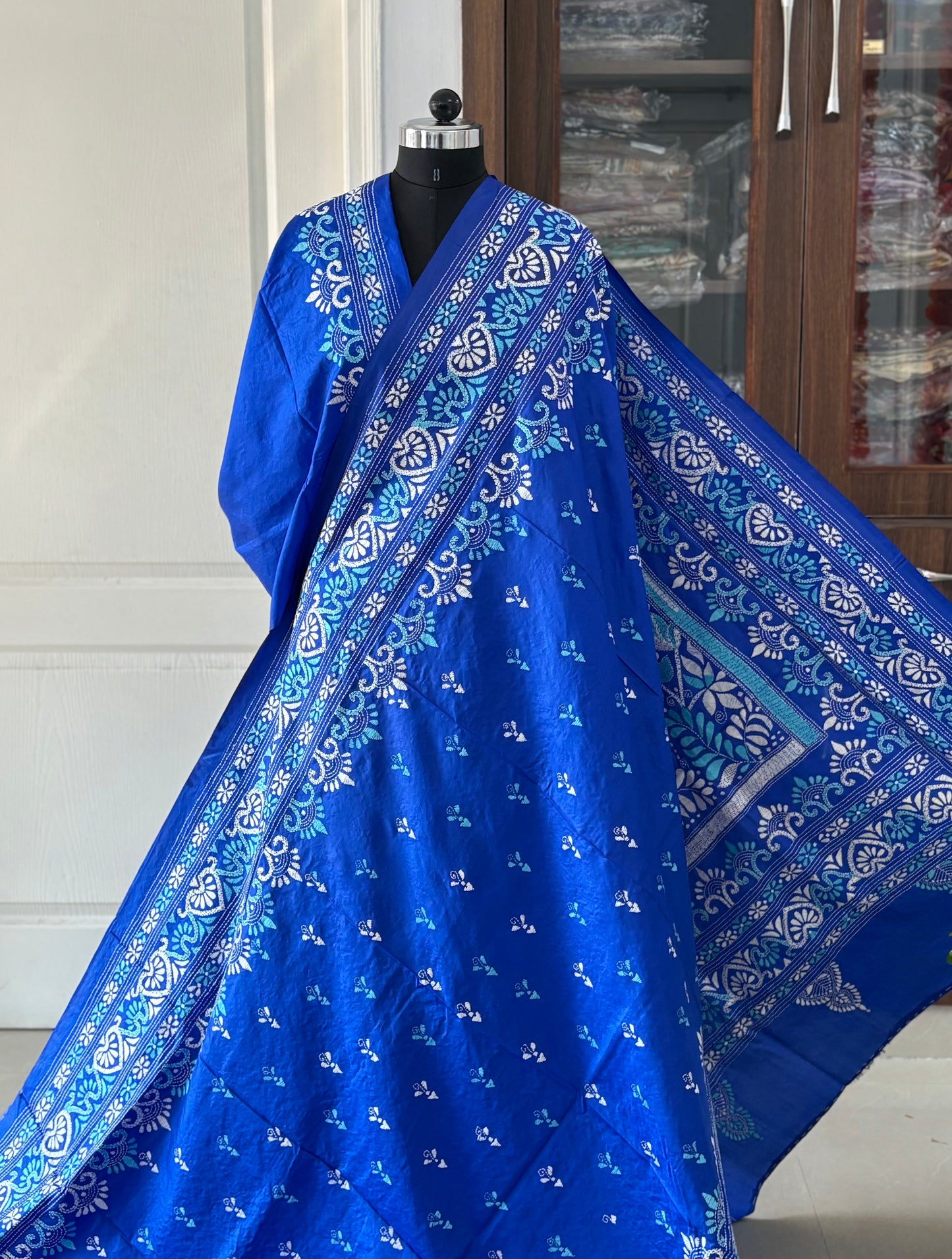 Kantha Stitch Hand Embroidered Pure Banglore Silk Saree (Silk Marked)