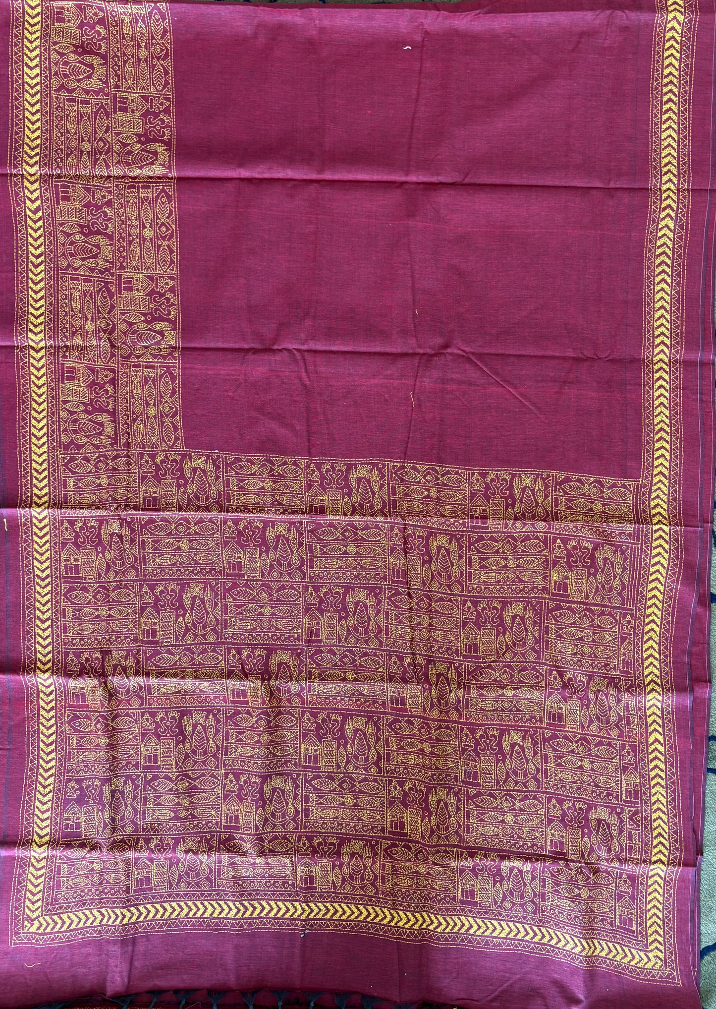 Kantha stitch Khadi Cotton Saree - Maroon