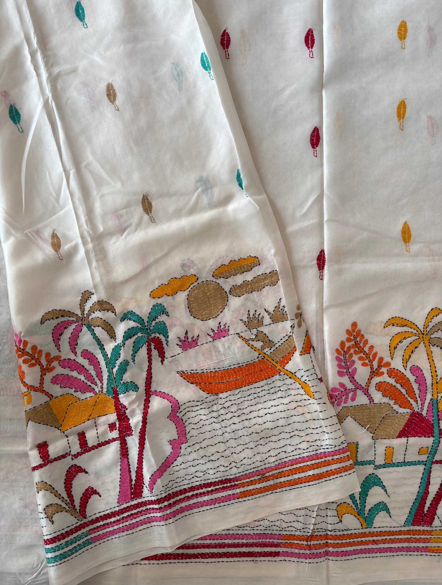 Kantha Hand Embroidered Blended Banglore Silk/Art Silk Saree With Blouse