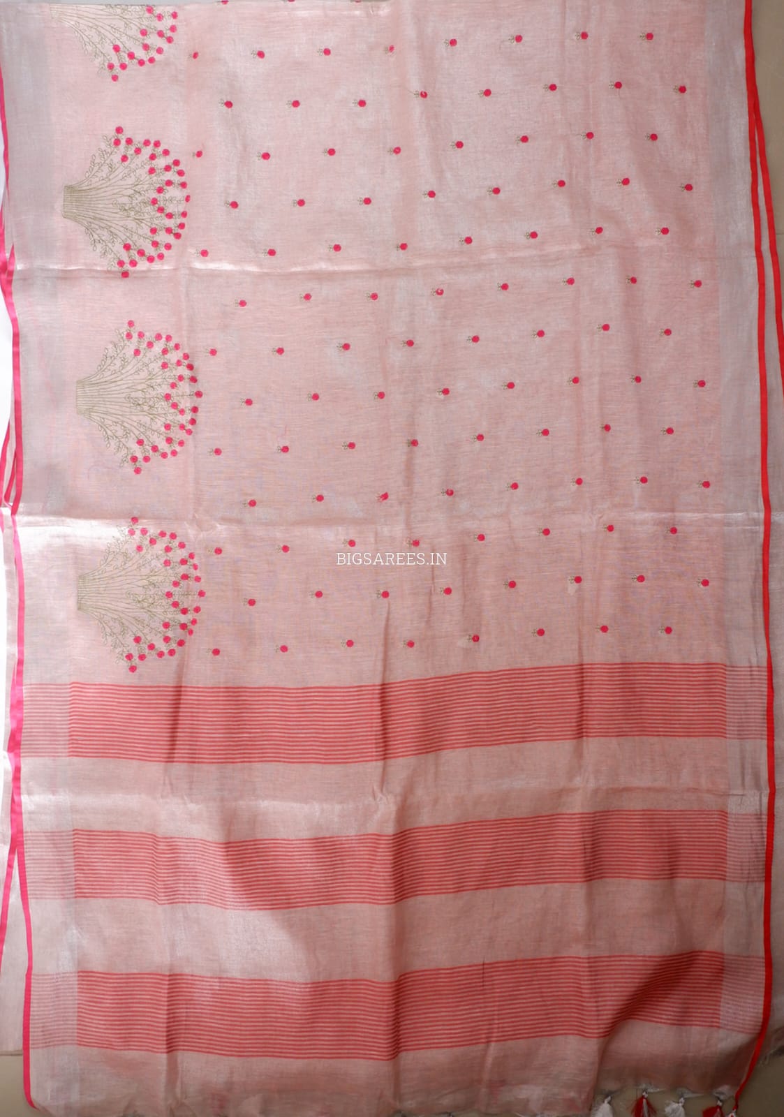 Tissue Linen Blend machine embroidered Saree | Light Pink
