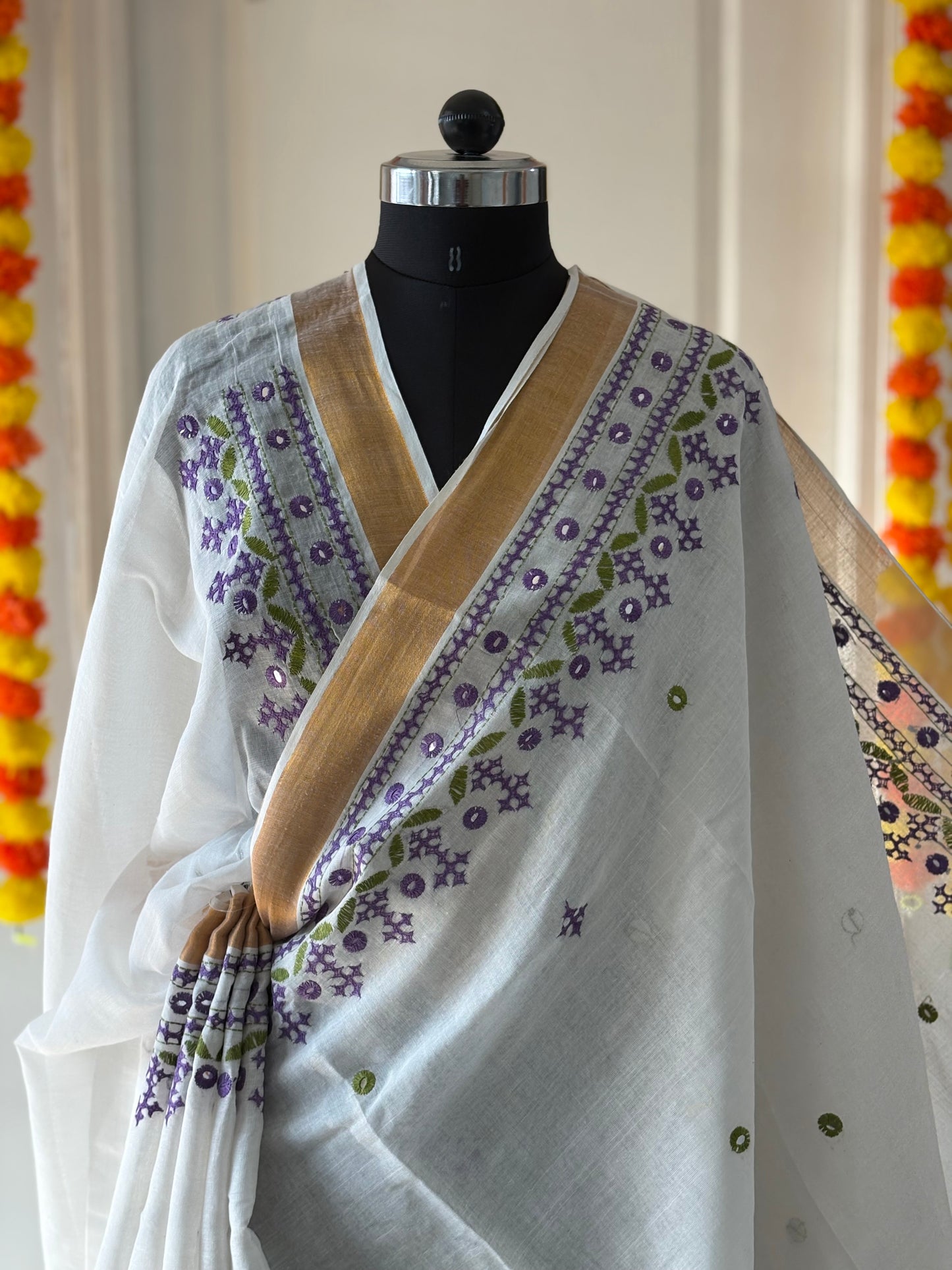 Gujrati Stitch/Kutch Hand Embroidered South Cotton Saree