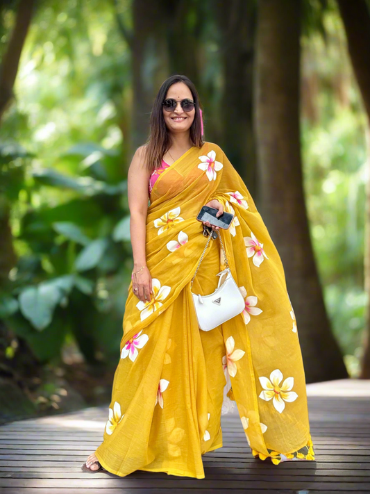 Hand Painted Mul Cotton Saree - Mustard
