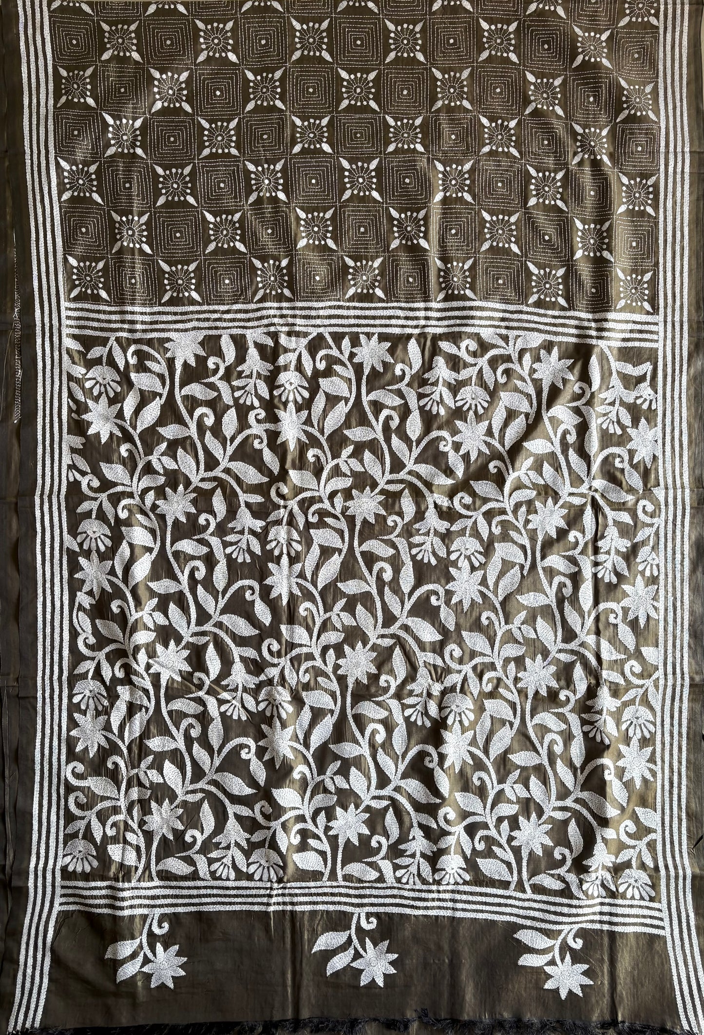 Hand embroidered Kantha stitch Saree in Art silk