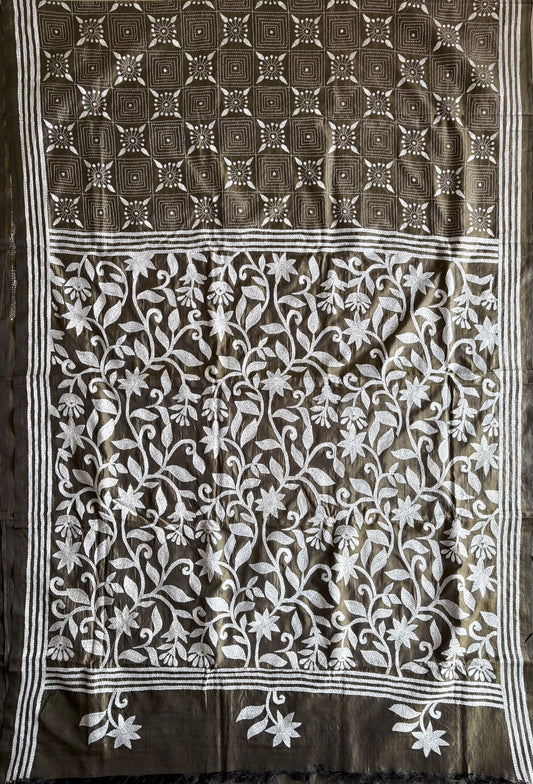 Hand embroidered Kantha stitch Saree in Art silk