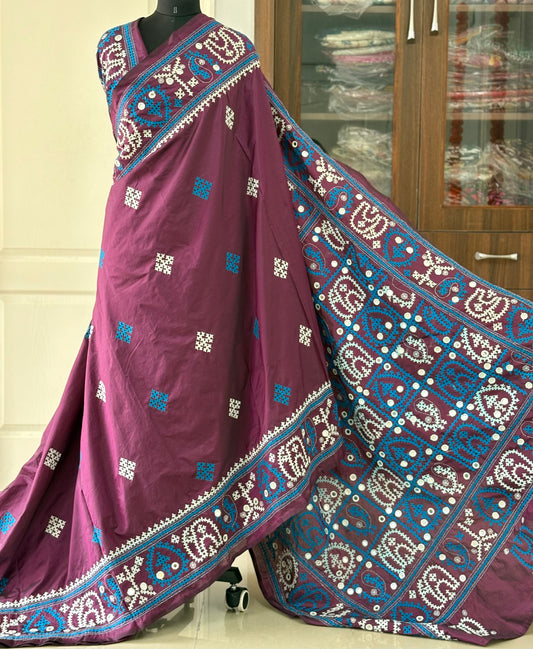 Mirror work Gujrati Stitch/Kutch Hand Embroidered Art Silk Saree