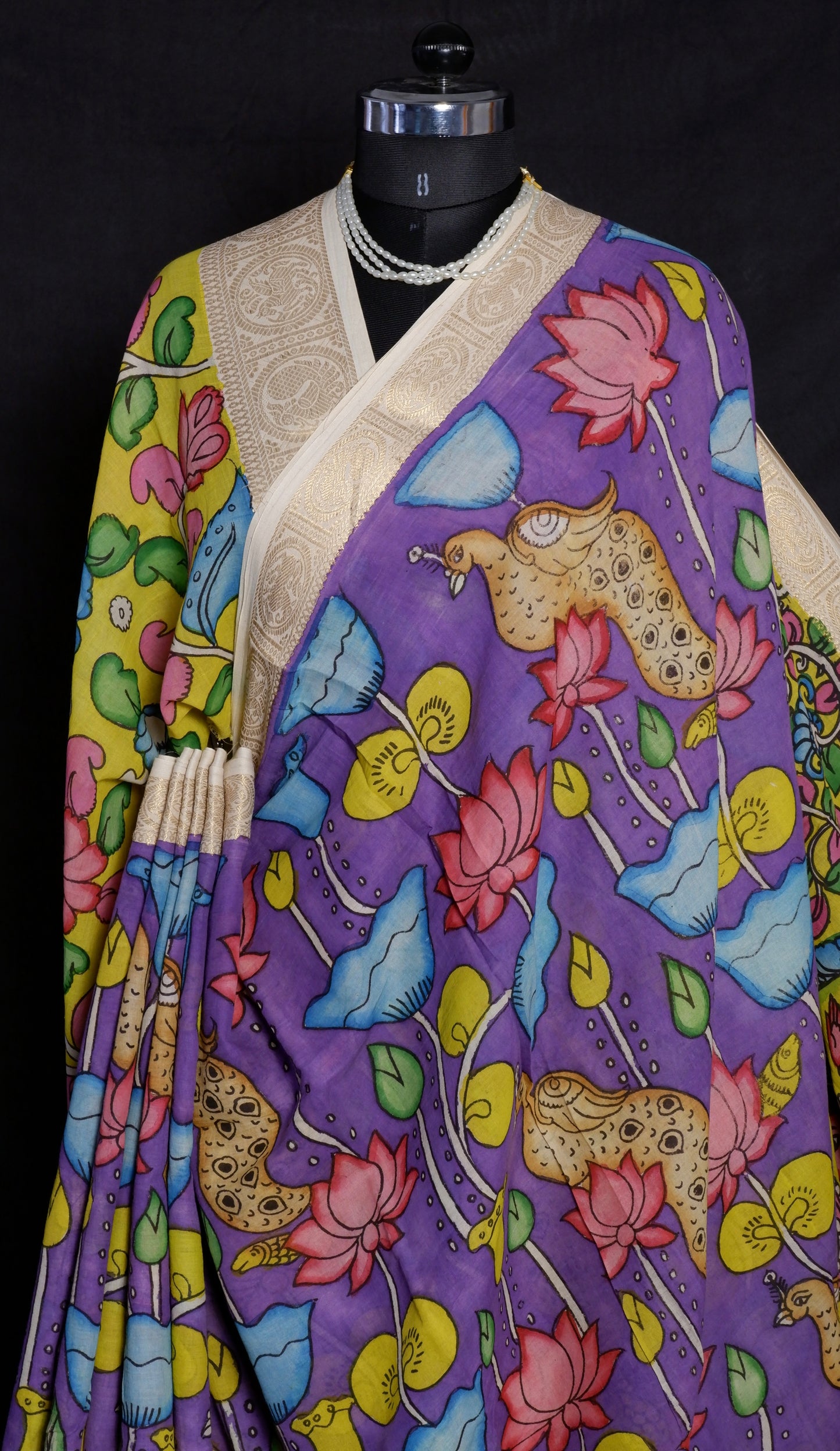 Pen Kalamkari hand painted pure cotton Saree with blouse