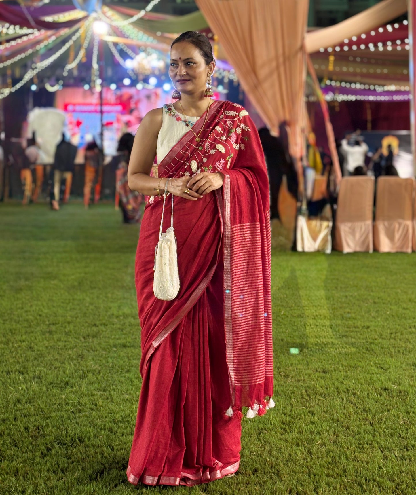 Pure Linen Saree With running Blouse - Dark Red