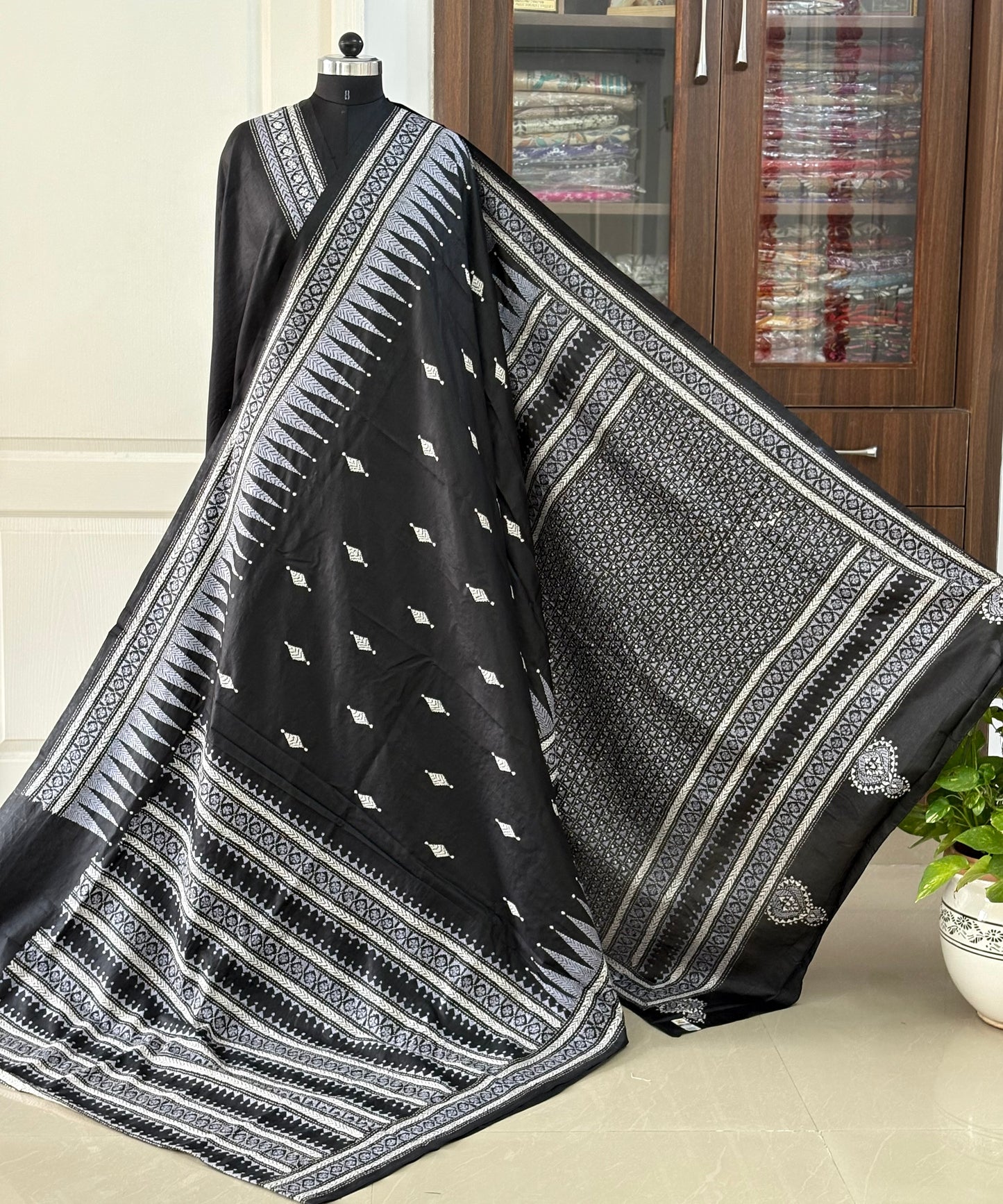 Black Kantha Stitch Hand Embroidered Pure Banglore Silk Saree (Silk Marked)