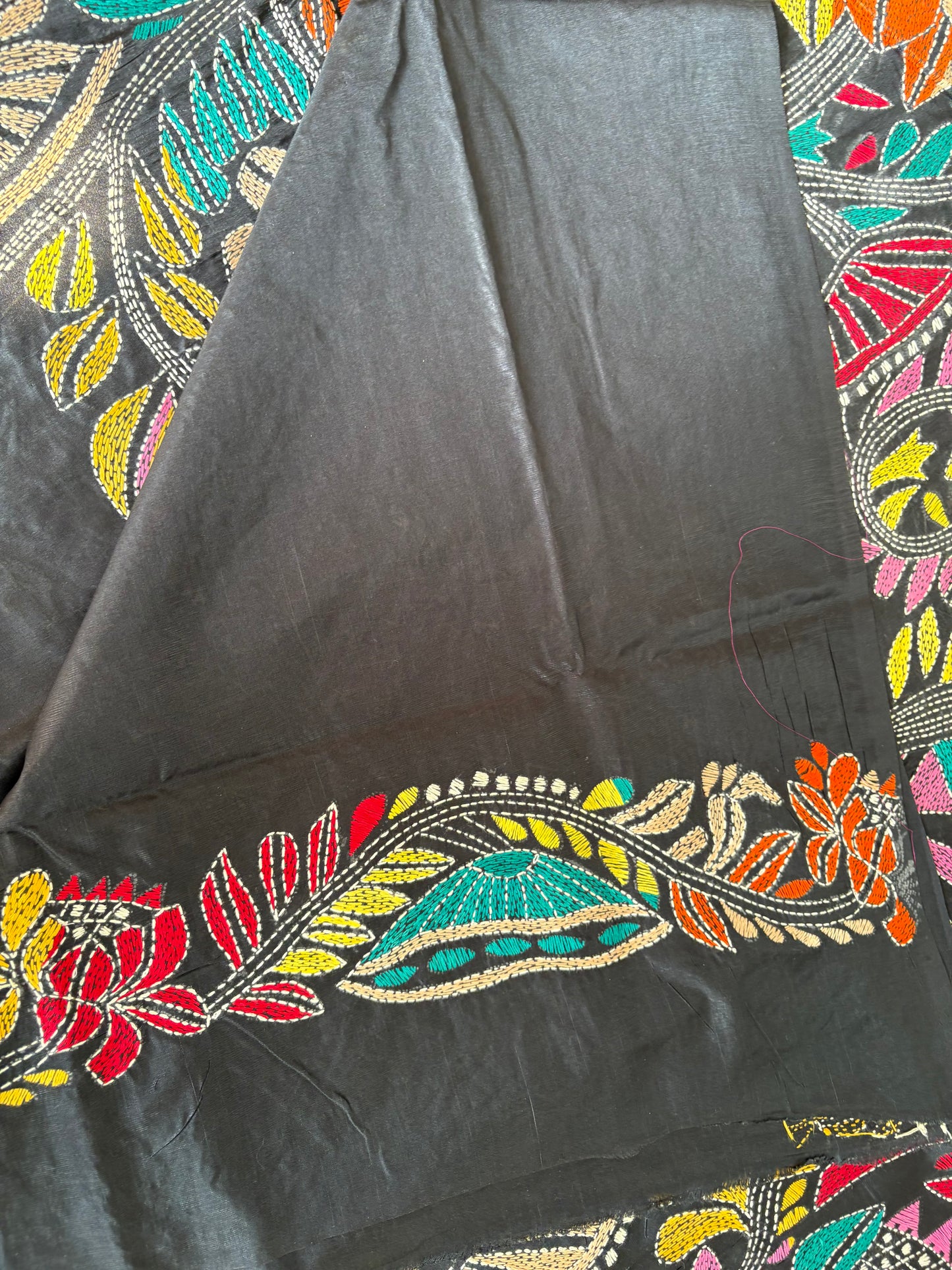 Kantha Stitch Hand Embroidered Art Silk Saree With Blouse