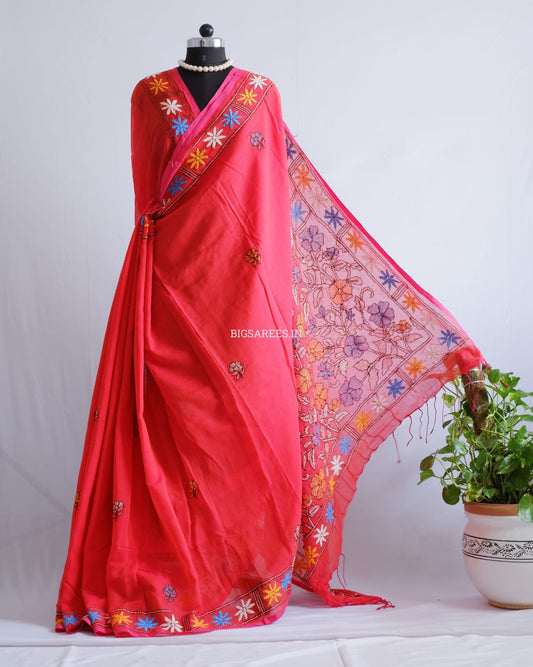 Kantha stitch Hand Embroidered Pure mul Cotton Saree