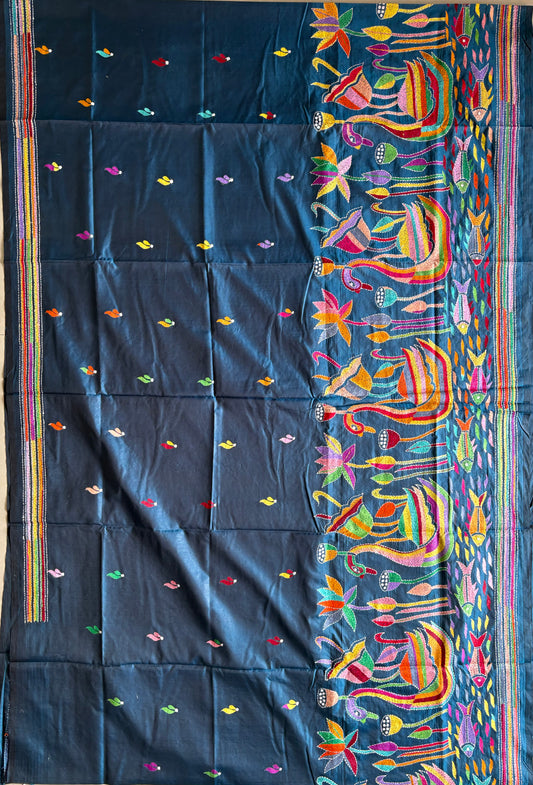 Kantha Stitch Saree on Hand Art Silk