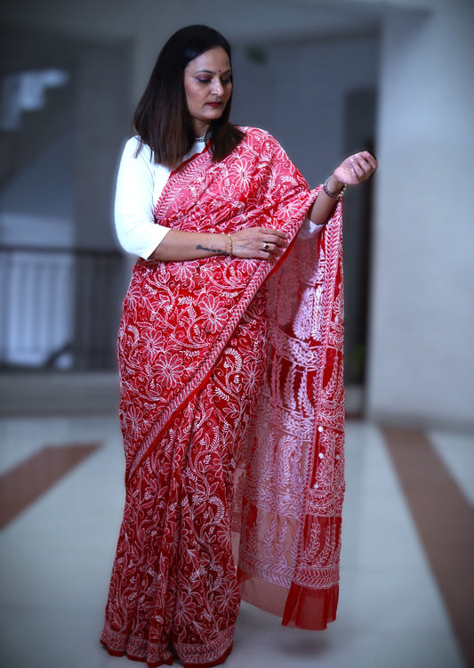 Red - White Georgette Chikankari Work Hand Embroidered Saree