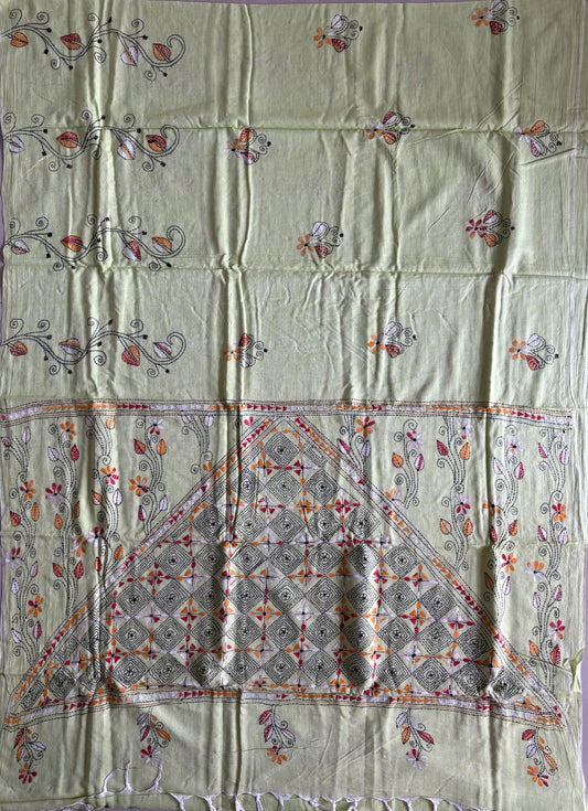 Pista green - Kantha Hand Embroidered Pure Cotton Saree