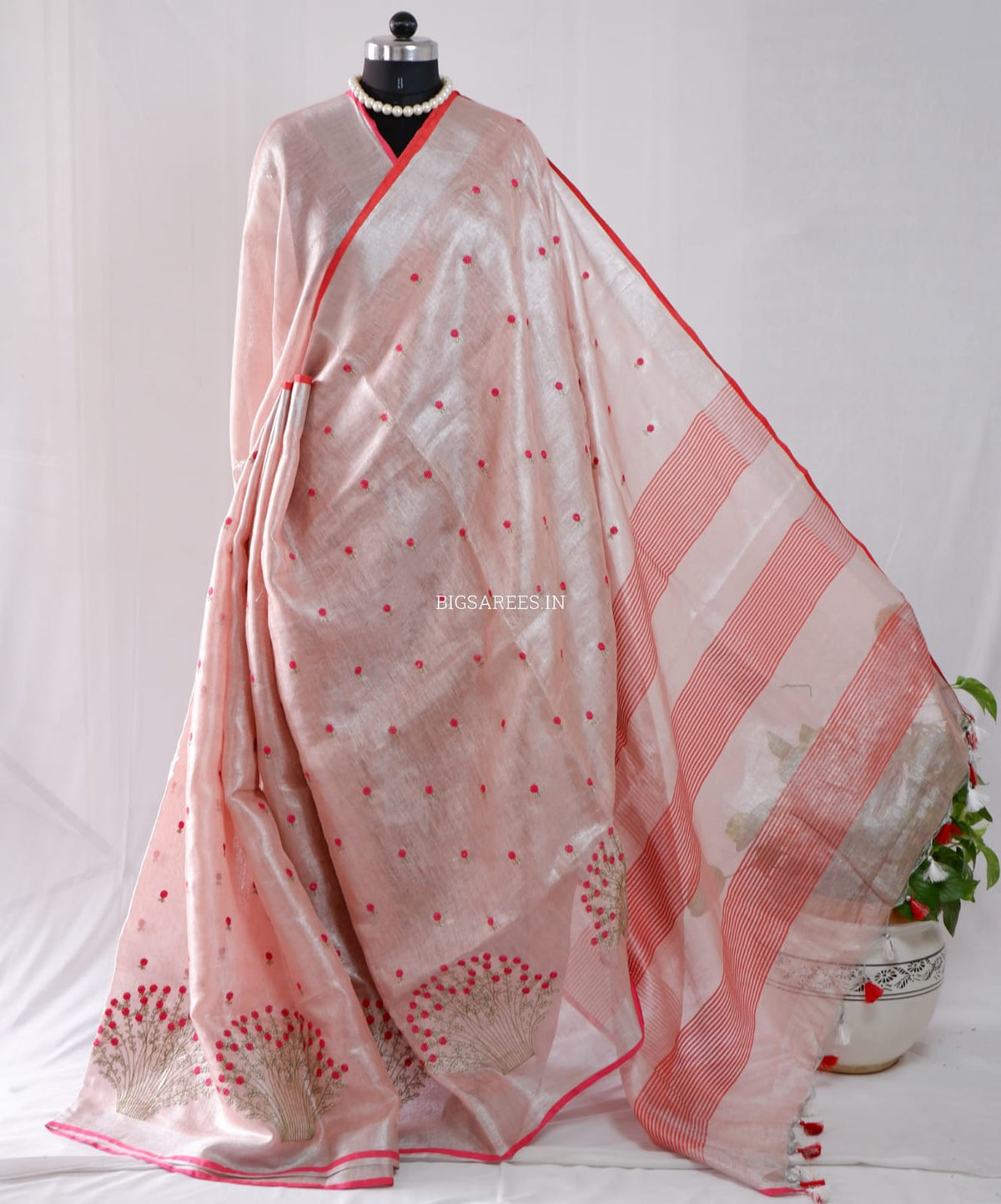 Tissue Linen Blend machine embroidered Saree | Light Pink