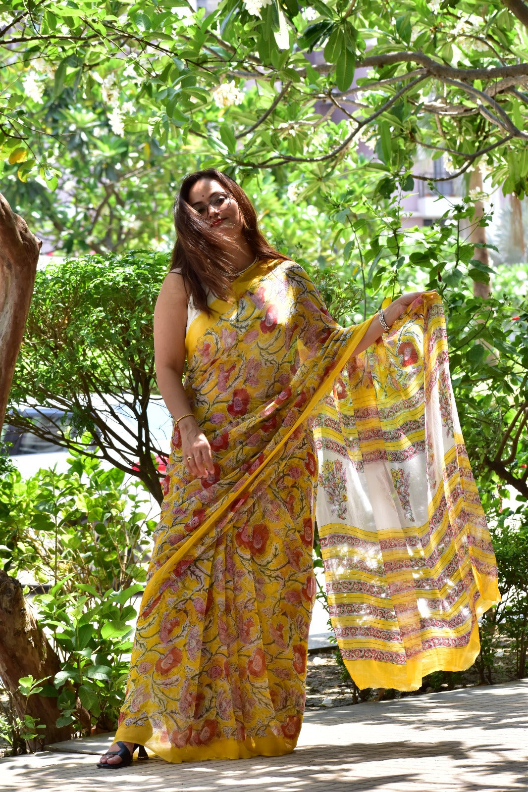 Hand Block Print Saree | Pure Chiffon | Yellow