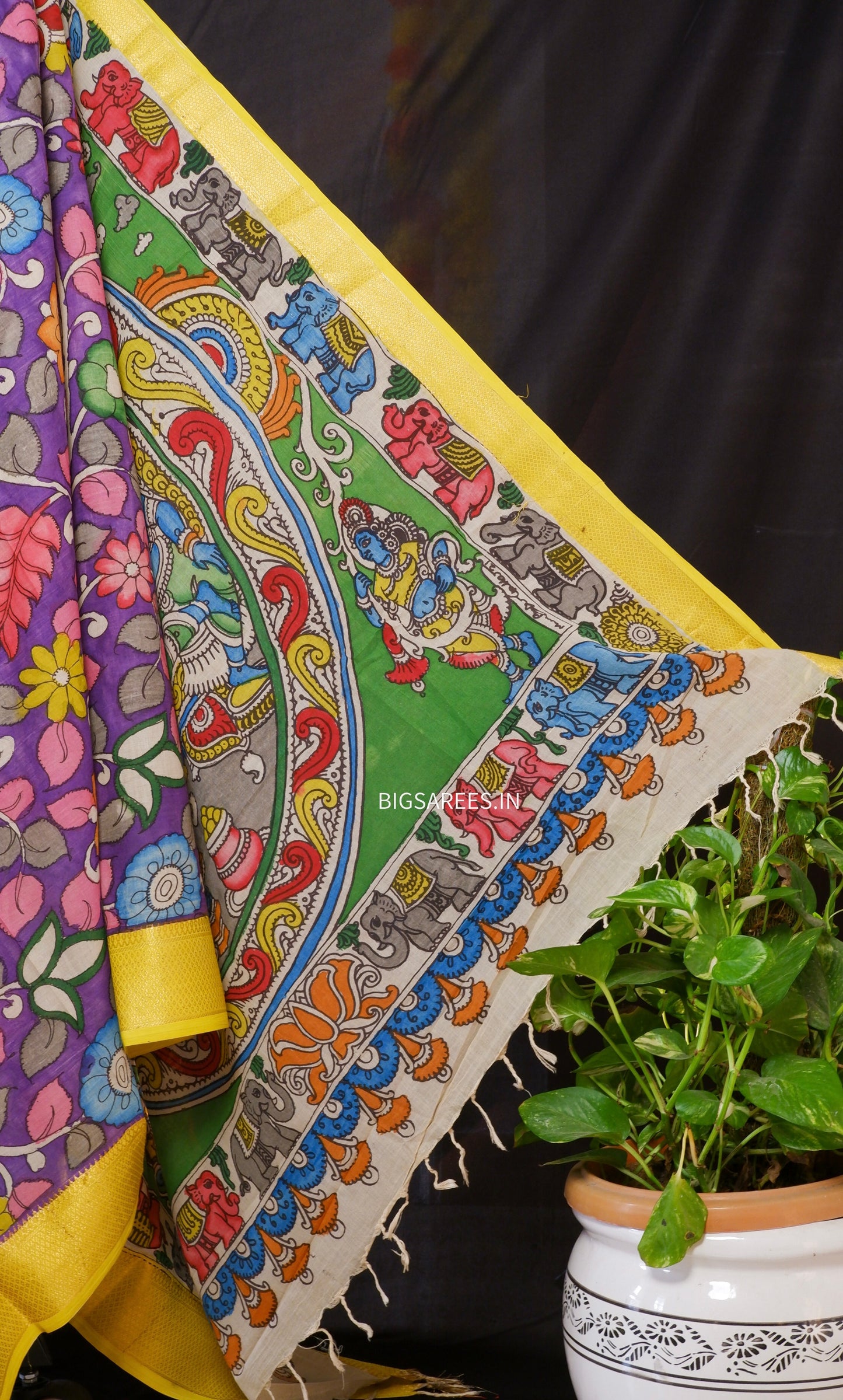 Pen Kalamkari hand painted pure cotton Saree with blouse