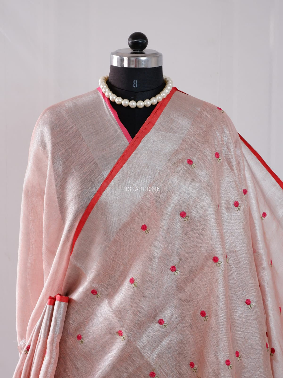 Tissue Linen Blend machine embroidered Saree | Light Pink