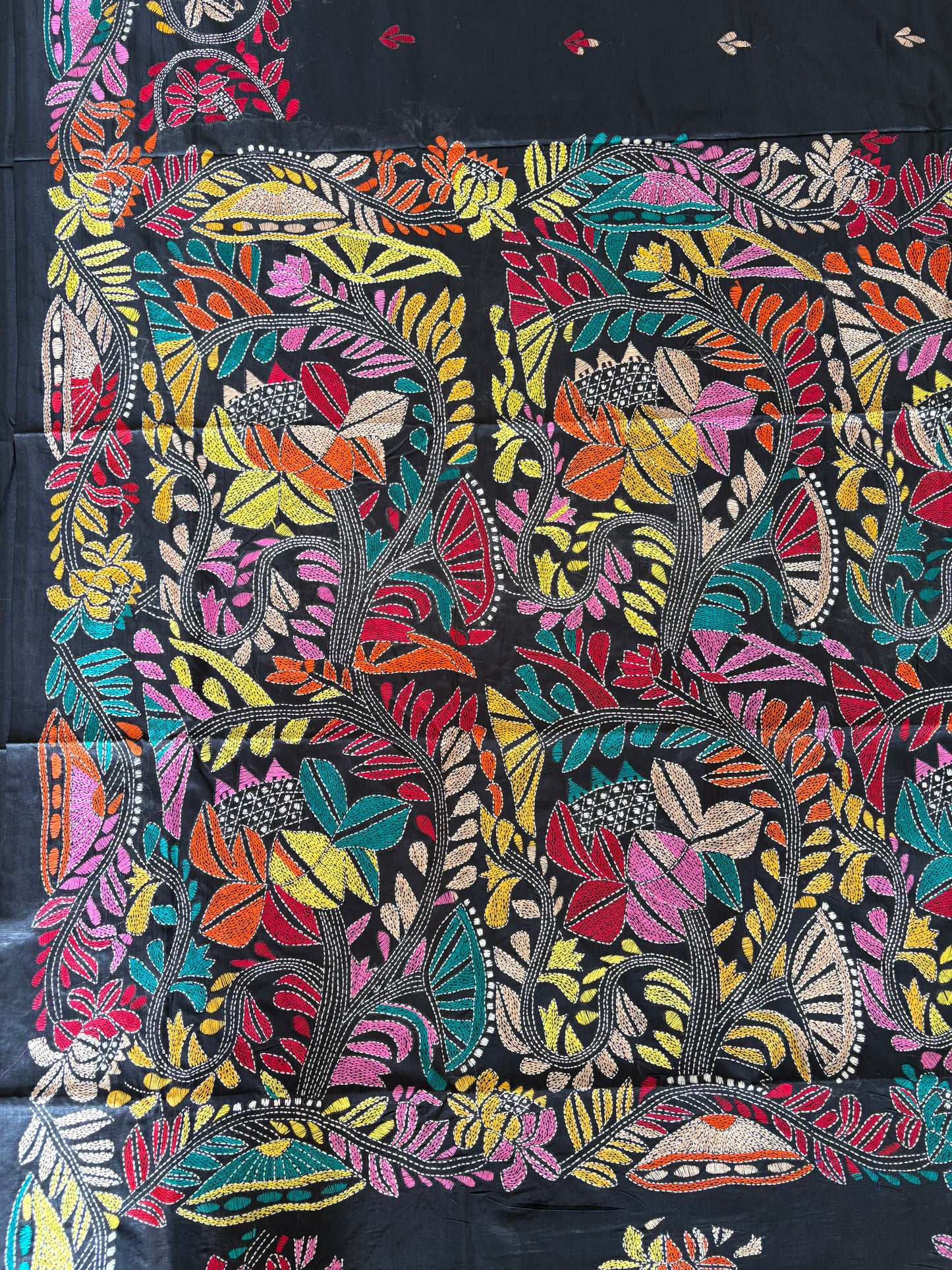 Kantha Stitch Hand Embroidered Art Silk Saree With Blouse