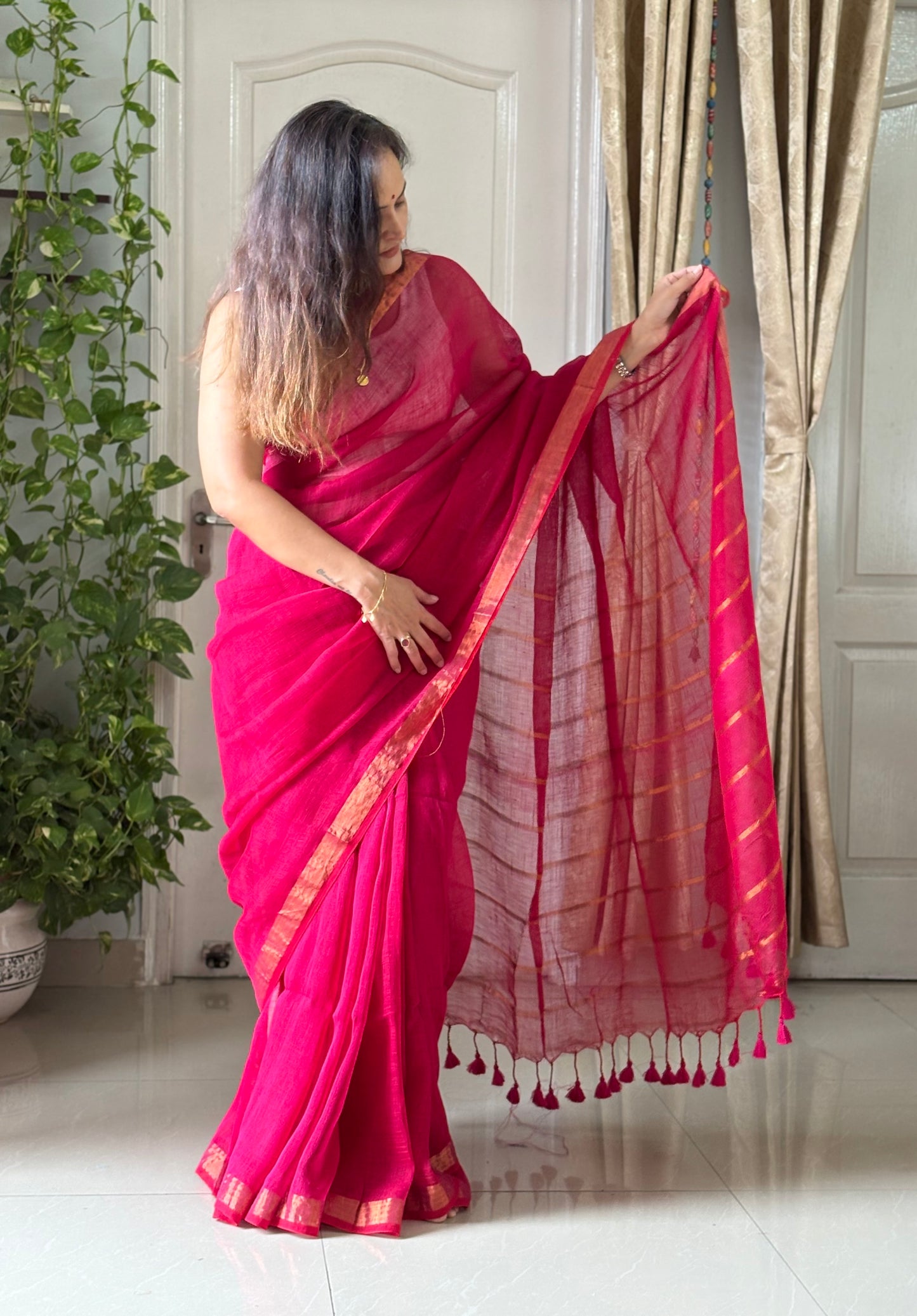 Linen By Linen Saree With Blouse - Rose Pink