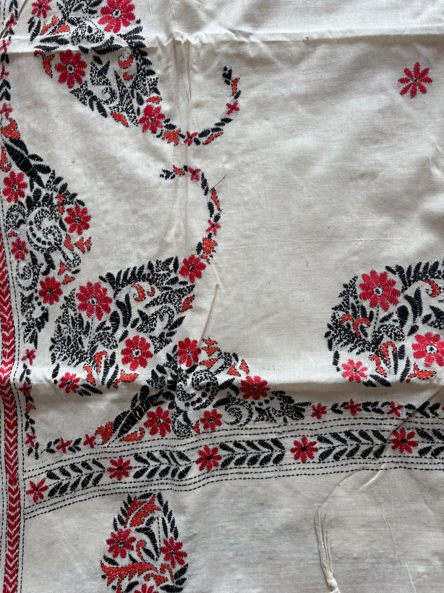 Kantha stitch Khadi Cotton Saree - Off white