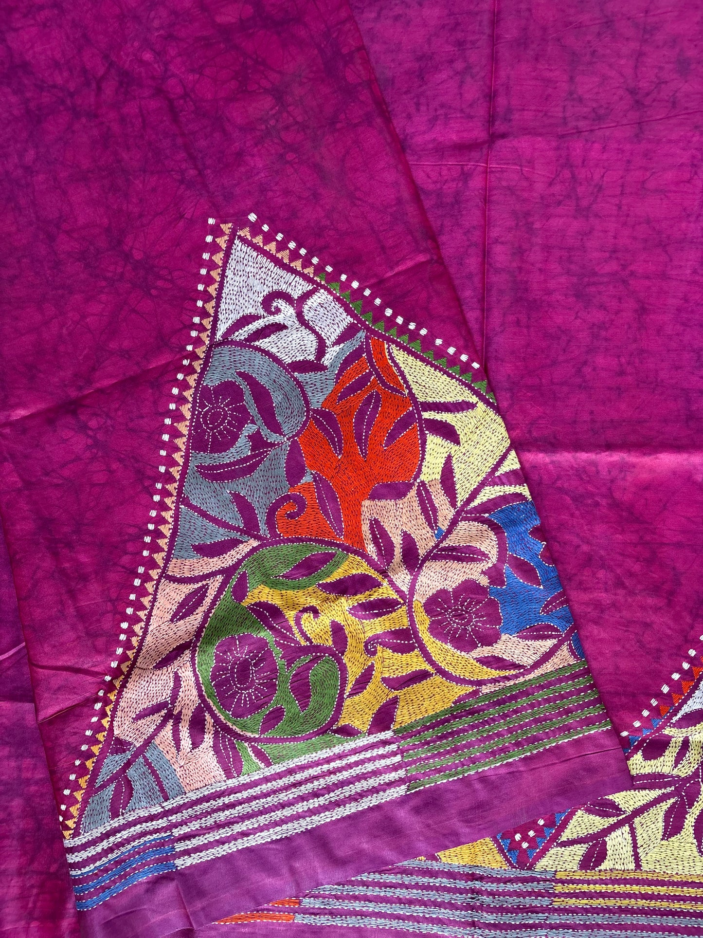 Reverse Kantha Stitch Hand Embroidered Art Silk Saree With Blouse