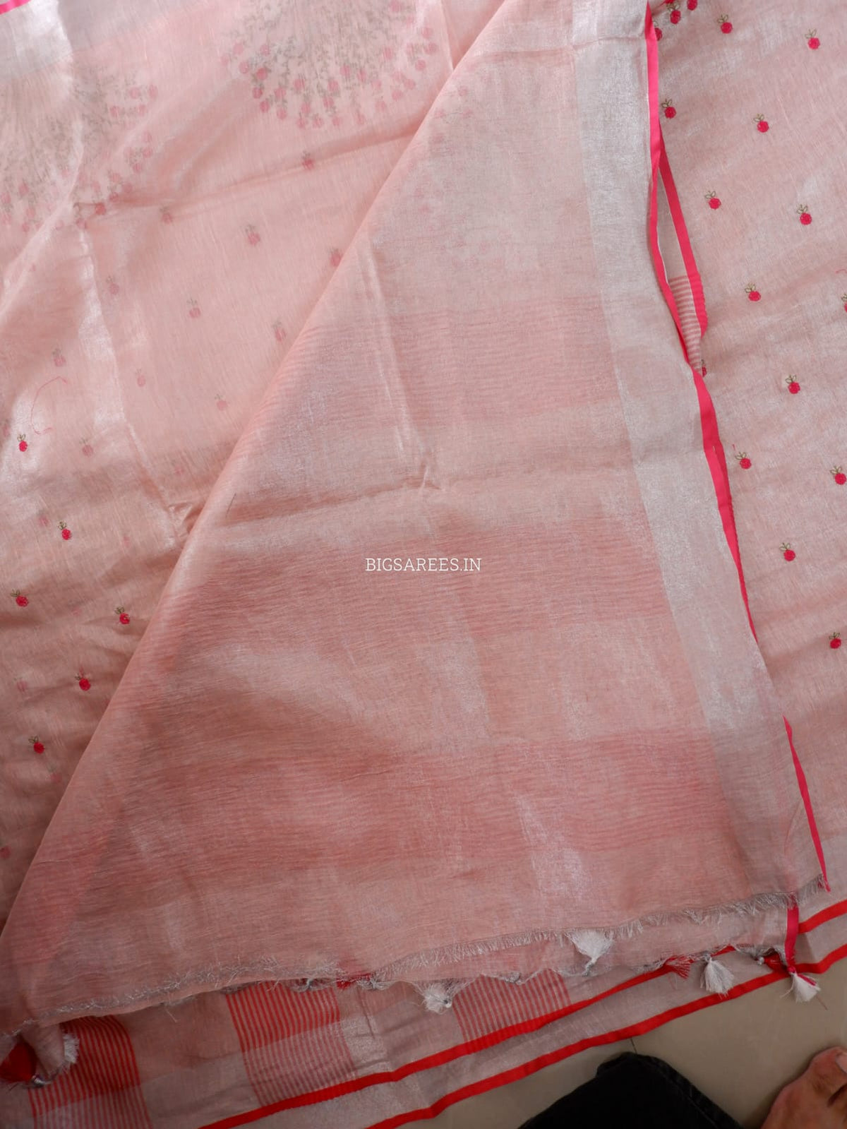 Tissue Linen Blend machine embroidered Saree | Light Pink