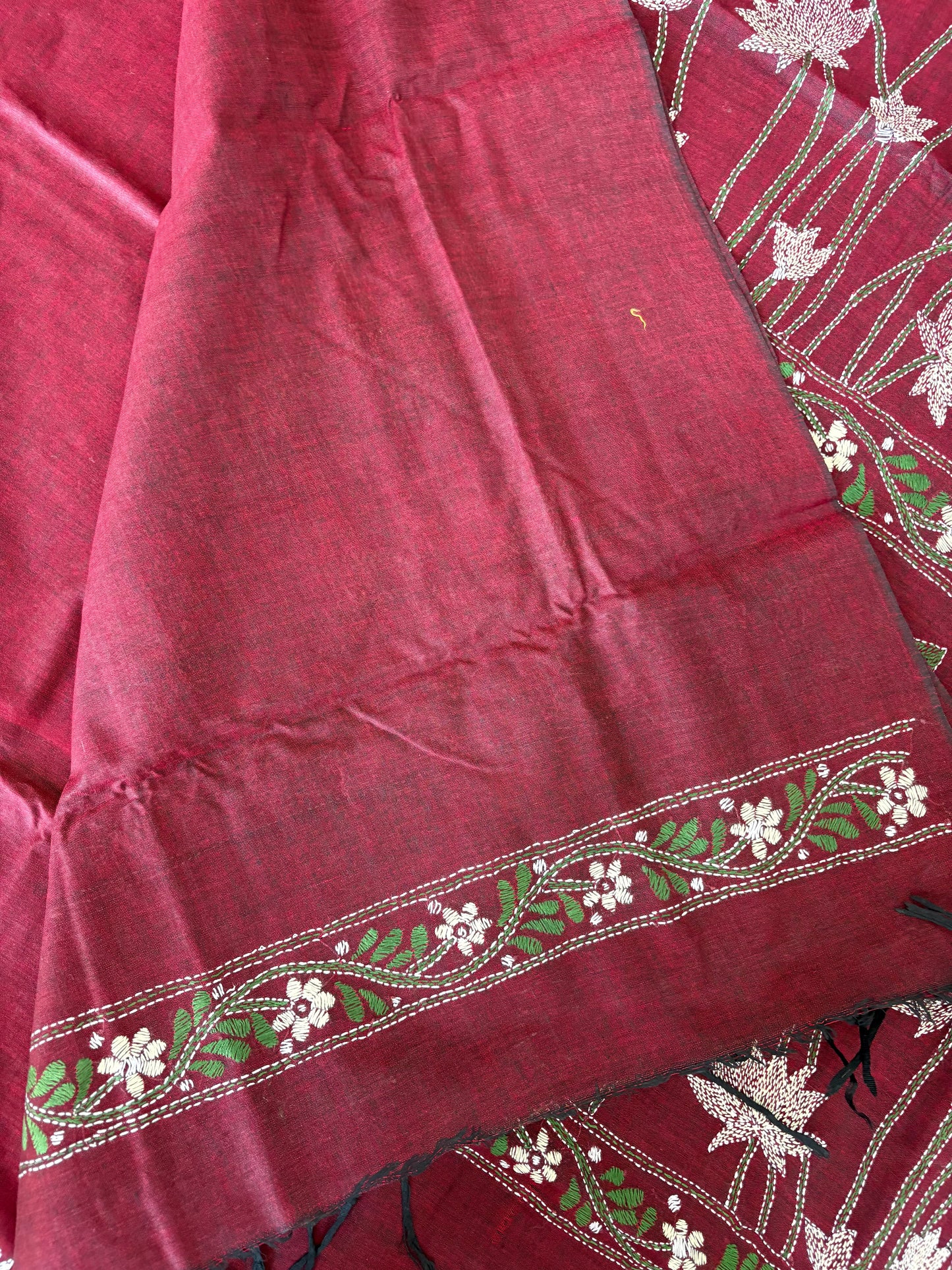 Kantha stitch Khadi Cotton Saree - Maroon
