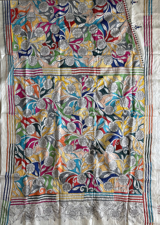 Off white Kantha Stitch Saree on Hand Art Silk