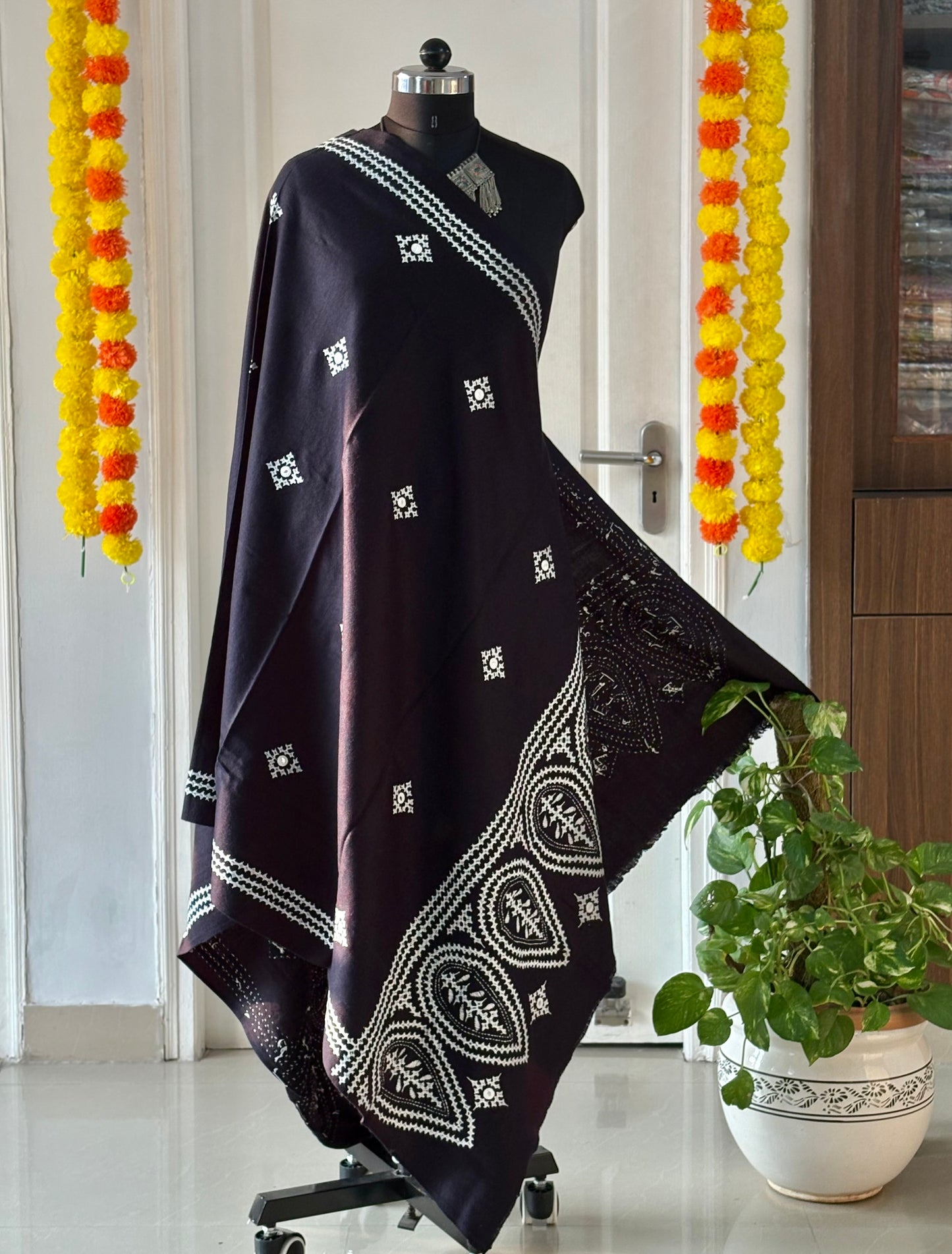Gujrati Stitch Hand Embroidered Woollen Warm Shawl- Blue