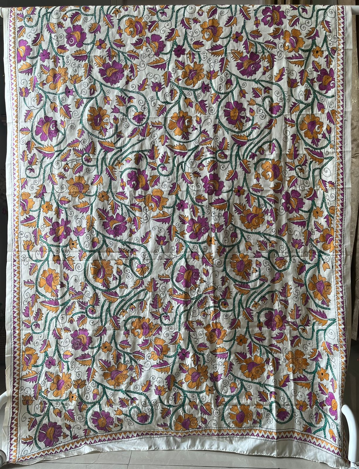 Off White Kantha Stitch Hand Embroidary Full Work Blended Banglore Silk Dupatta 44″