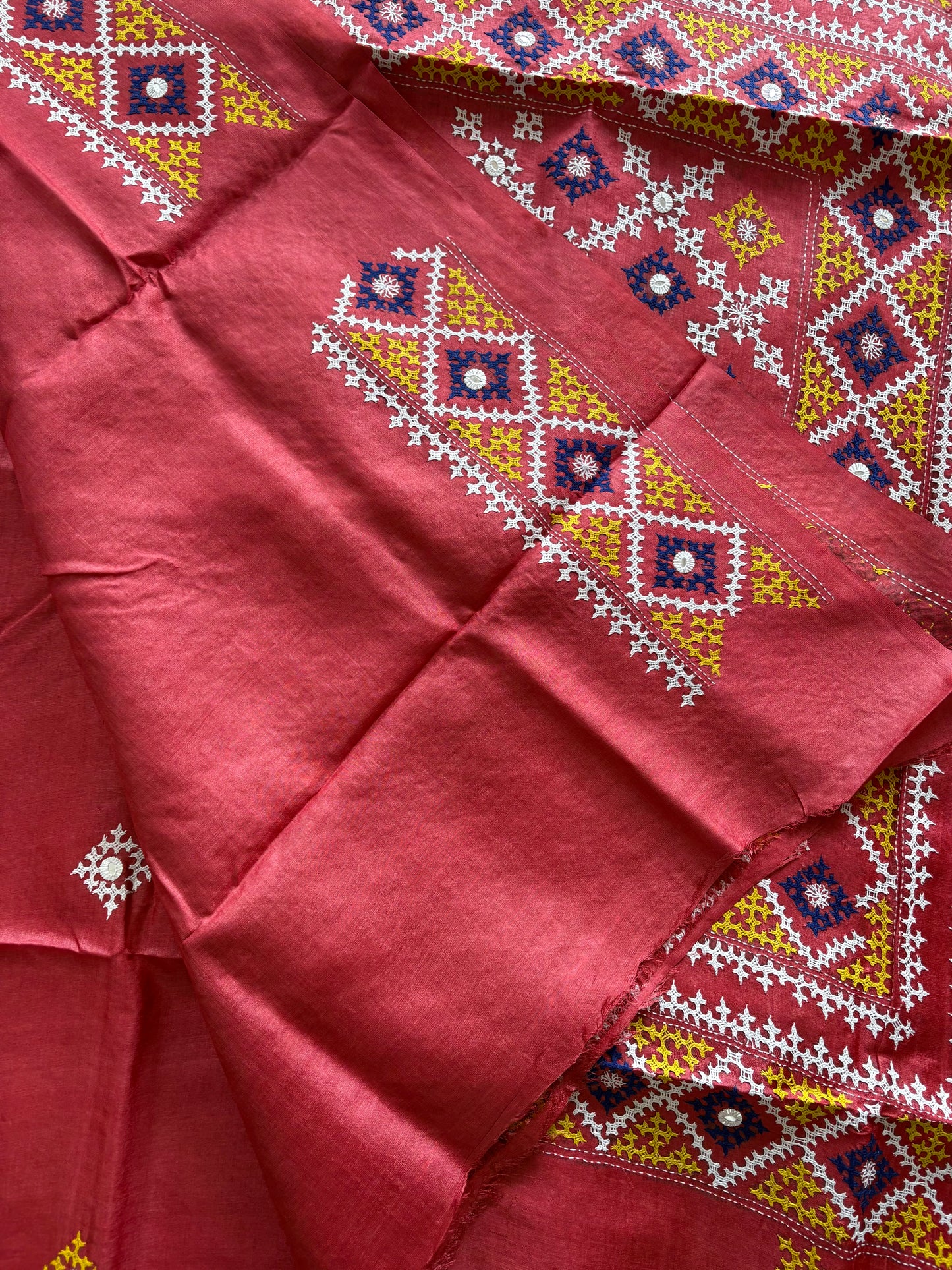 Kutchi Hand Embroidered Saree | Pure Tassar Silk | Silk Marked | Pinkish/Red
