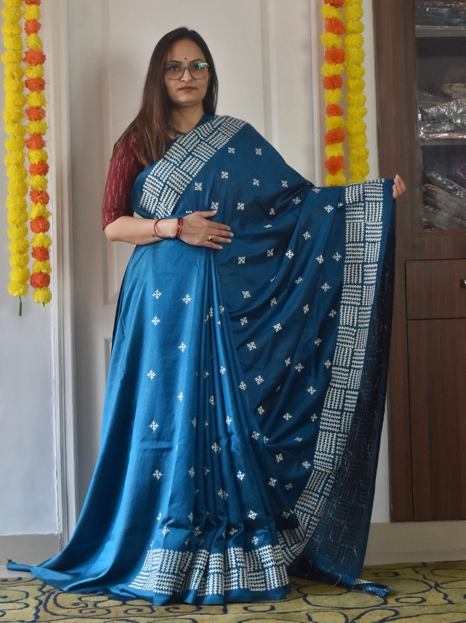 Kutch Hand Embroidered Saree| Pure Bangalore Silk | Silk Marked | Blue